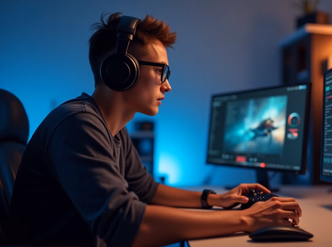 Young man wearing glasses and headphones, focused on dual computer monitors displaying colorful graphics, seated in a dimly lit room with blue ambient lighting, using a keyboard and mouse.